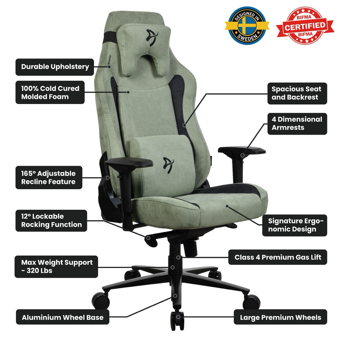 GAMINGSTUHL Vernazza XL Supersoft™ Waldgras - Waldgrün/Schwarz, Textil/Metall (76/138/53cm) - Arozzi