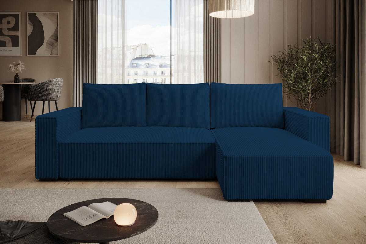 ECKSOFA CUDDY L, Eckcouch in L-Form mit Schlaffunktion und Bettkasten, Farbe: Blau, Cordstoff, Ottomane Rechts - Blau, Textil (240/140cm) - Storez24