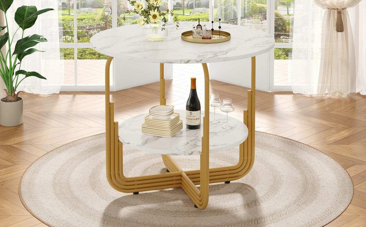 ESSTISCH 80x80x76 cm in Weiß und Gold aus MDF mit Kunstmarmor auf goldenem Metallrahmen - Weiß, Holzwerkstoff (80/80/76cm) - Modfu