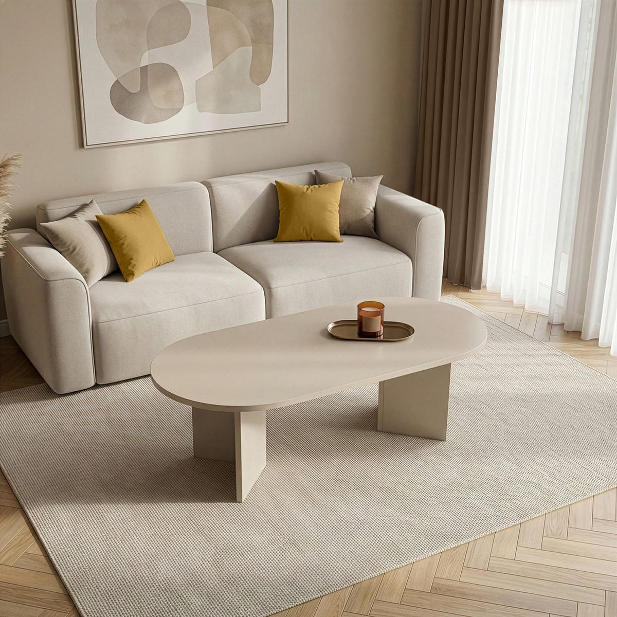 OVÁLNÝ konferenční stolek L119 cm - IRIS - kašmírová, kompozitní dřevo (119/60/39.8cm) - Calicosy
