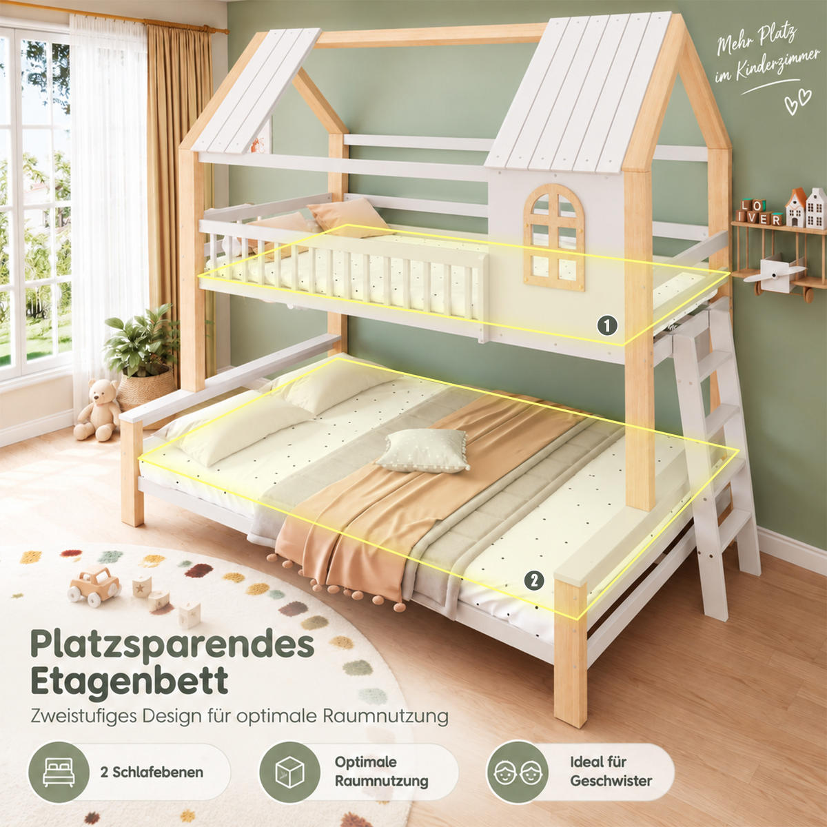 ETAGENBETT 90x200/140x200 mit Leiter, Dach/Rausfallschutz, Holz, Weiß/Natur - Weiß, Holz - LVHOM