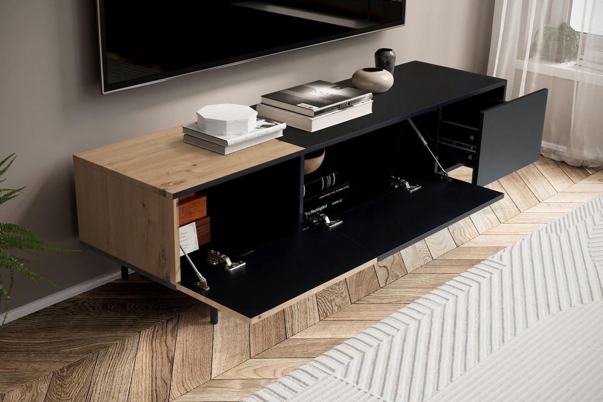 TV-LOWBOARD mit Eiche-Dekor, Türen und Schublade, modern, Braun-Schwarz 150x40x40 cm - Schwarz/Braun, Holzwerkstoff/Metall (150/40/40cm) - KADIMA DESIGN