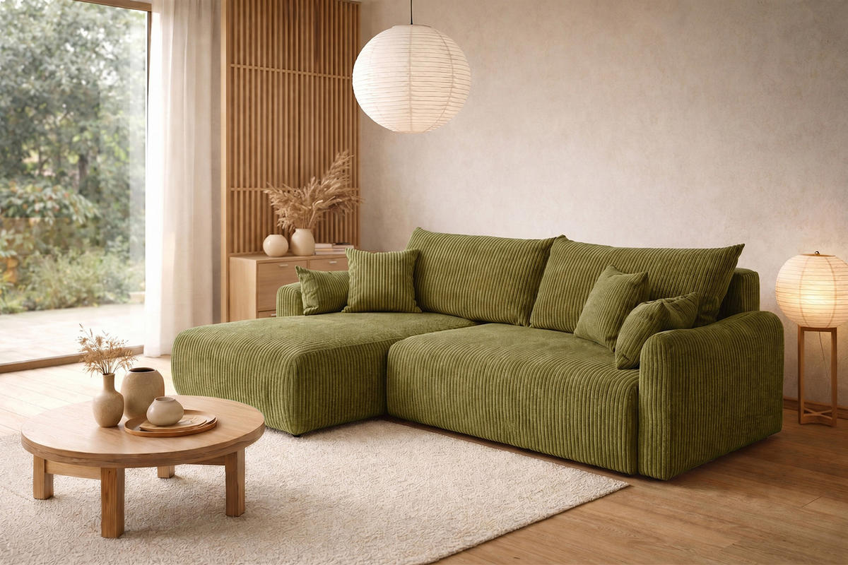 ECKSOFA Mit Schlaffunktion, Cordstoff Poso, Olive, Links, JAPANDI - Olivgrün, Holz (262/145cm) - Kaiser Möbel