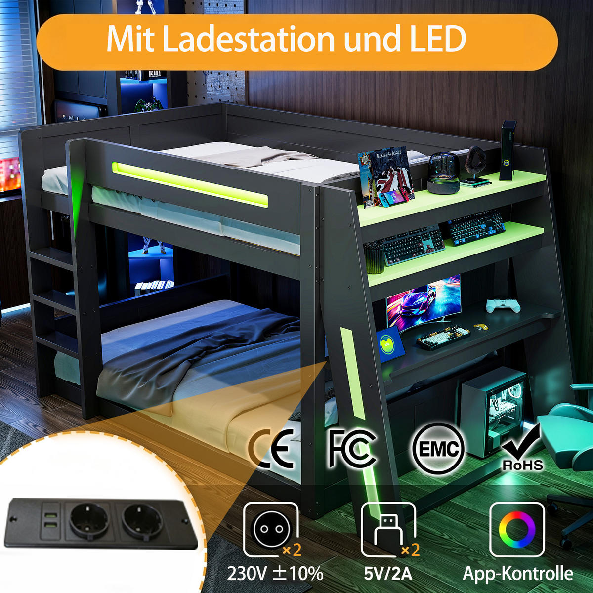 ETAGENBETT 140/200 cm in Schwarz & Grün mit Schreibtisch, 2 Ablagen, LED und USB aus Holz im Gamer-Design - Schwarz, Holzwerkstoff/Metall (140/200cm) - STILVORA