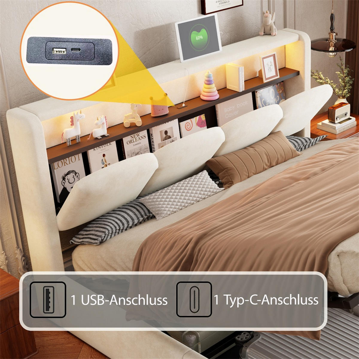 POLSTERBETT 140x200 cm mit KopfteilStauraum & hydraulischem Stauraum - USB und Type-C & LED - Beige - Beige, Textil (140/200cm) - DELFA