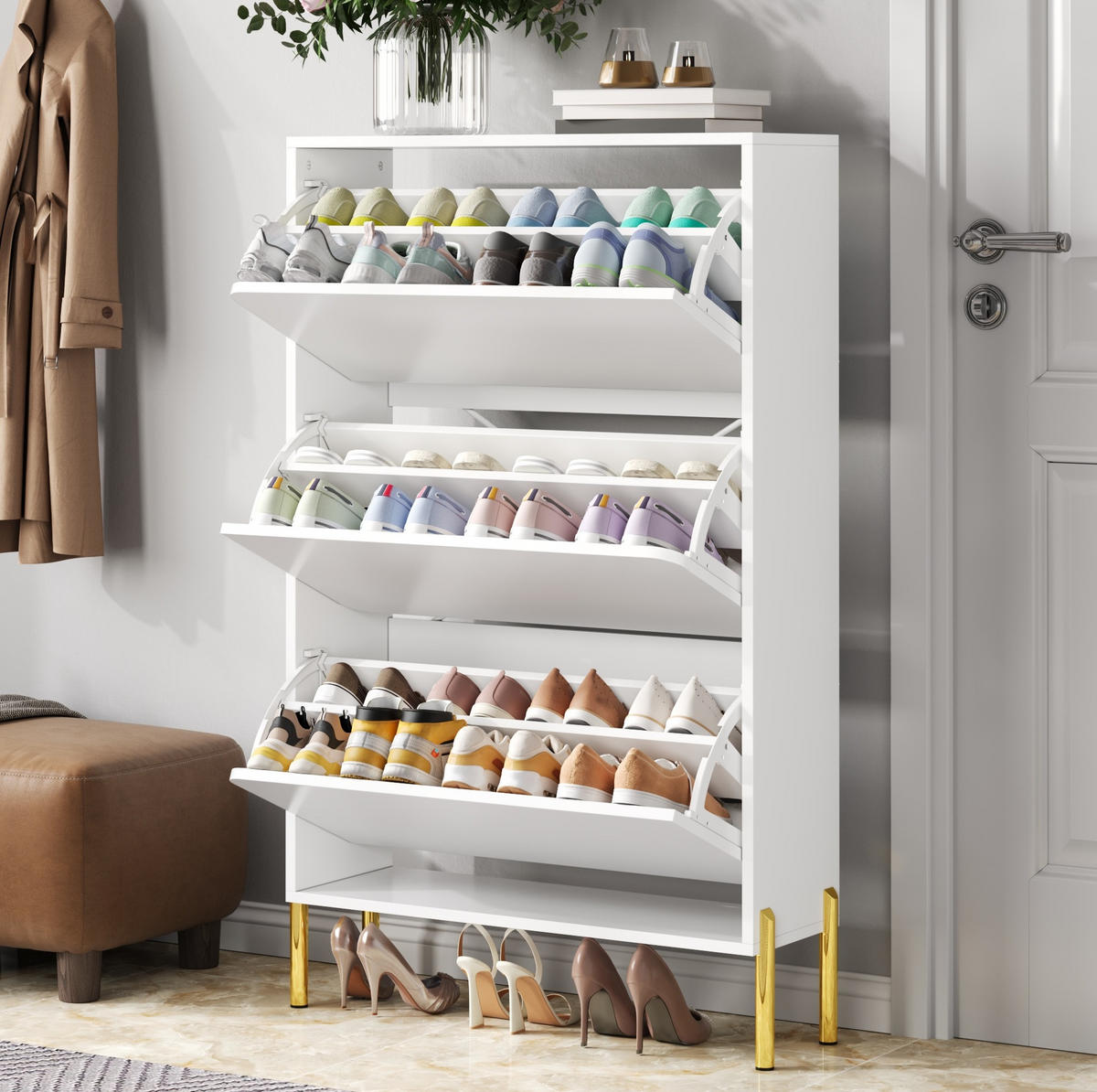 SCHUHSCHRANK 73/24/120 cm weiß aus MDF mit 3 Türen - Weiß, Holzwerkstoff (73/120/24cm) - OKWISH