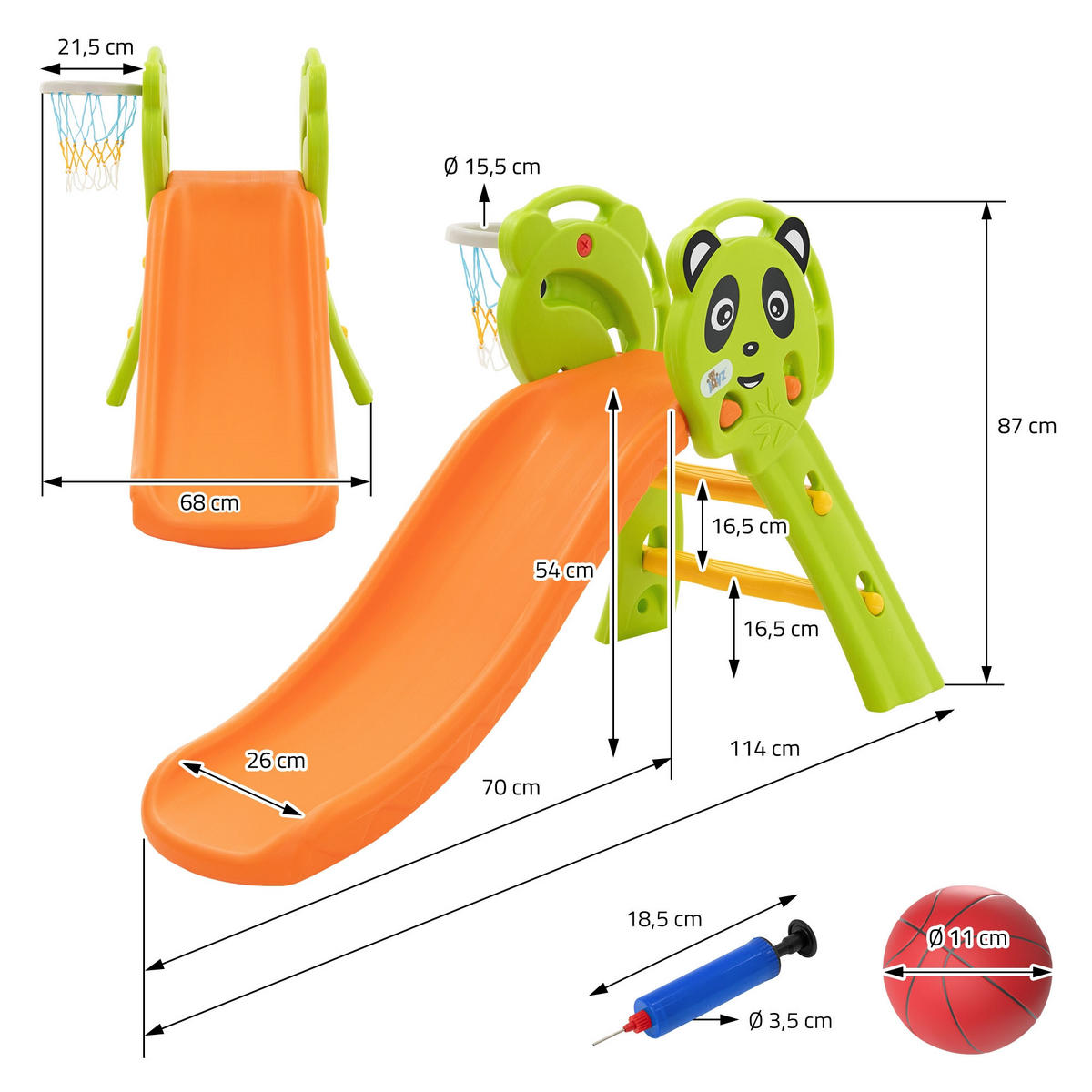 KINDERRUTSCHE 2 in 1 Kleinkinderrutsche mit Basketballkorb Grün-Orange - Orange, Kunststoff (114/87/68cm) - Joyz