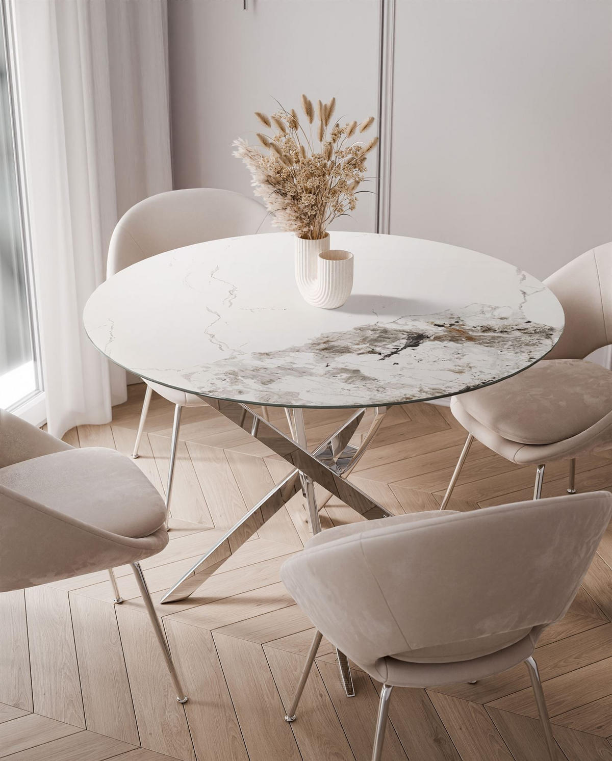  ESSTISCH BEIRA Runder Tisch 90 cm mit Keramikplatte und Chrom Tischbeine - Chromfarben/Silberfarben, Metall (90/90/72cm) - Lookway