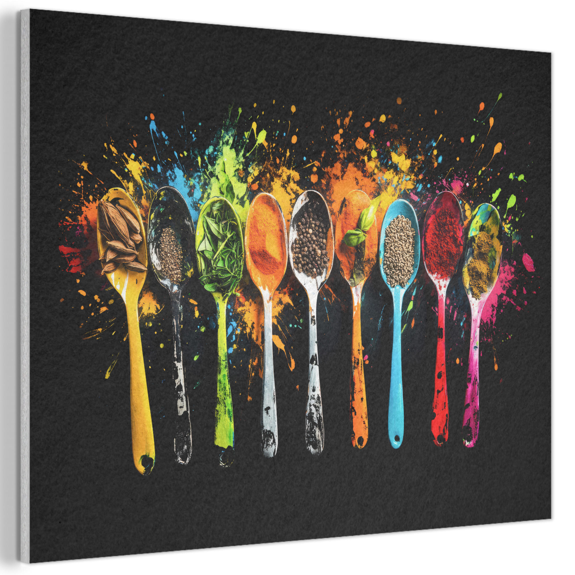 AKUSTIKBILD Löffel - Gewürze - Modern - Graffiti - Farbe - Farbenfroh Gemälde 80x60 cm - Multicolor, Textil (80/60/0.9cm) - MuchoWow