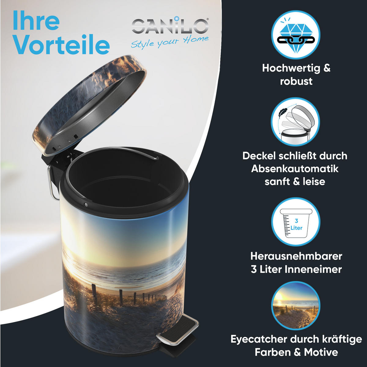 KOSMETIKEIMER Düne - Sandfarben/Blau, Kunststoff/Metall (17/25/25cm) - Sanilo