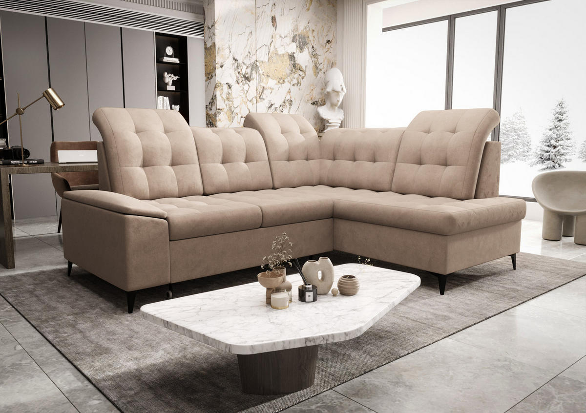 ECKSOFA KONGO RBN16, Eckcouch in L-Form mit Schlaffunktion, Farbe: Beige, Velourstoff, Ottomane Rechts - Beige, Textil (268/210cm) - O-Sofa