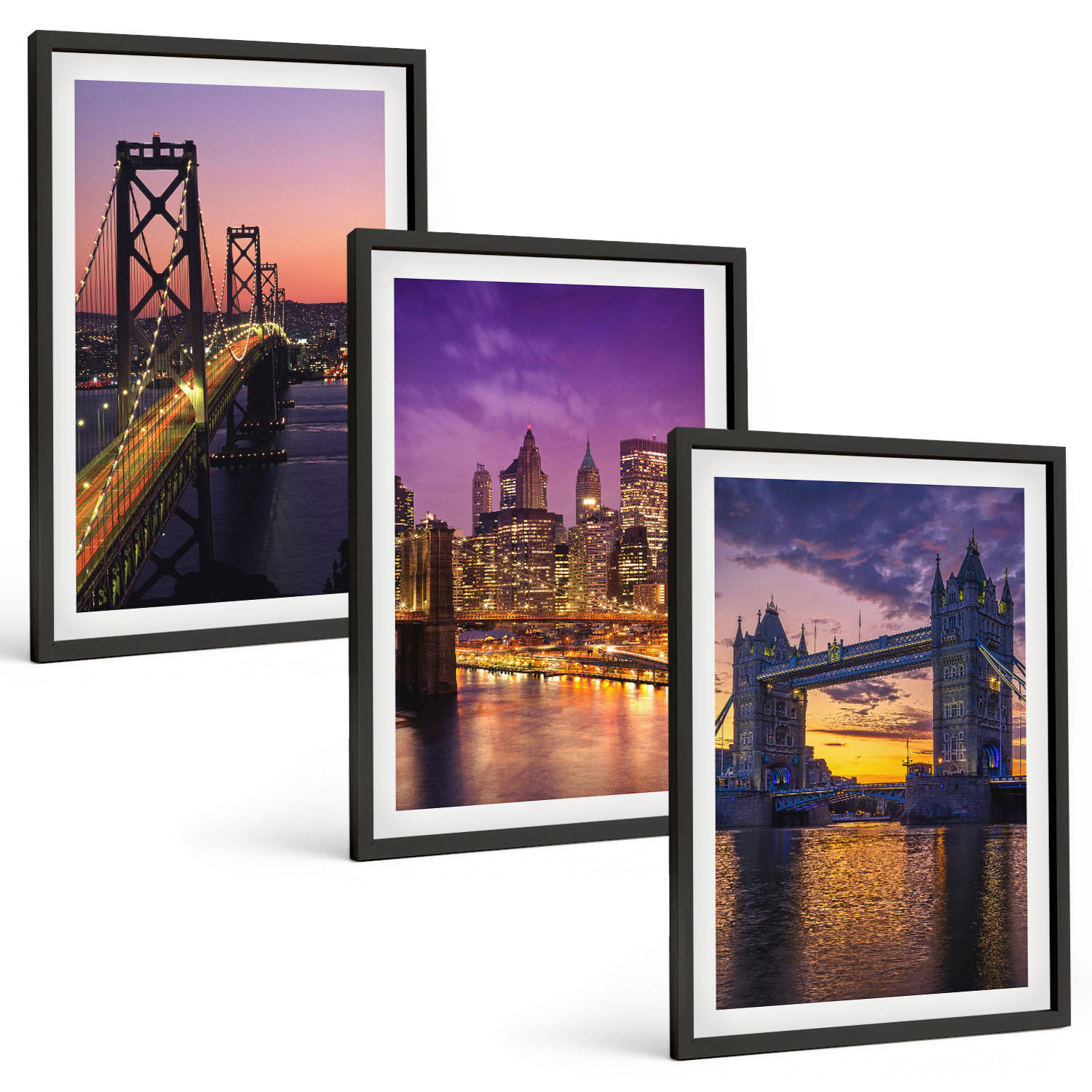 BILDER SET 3er Set - 40x60 cm Schwarzer Rahmen - Brücken, Sonne, Stadtblick - Schwarz, Kunststoff (40/60cm) - TULUP