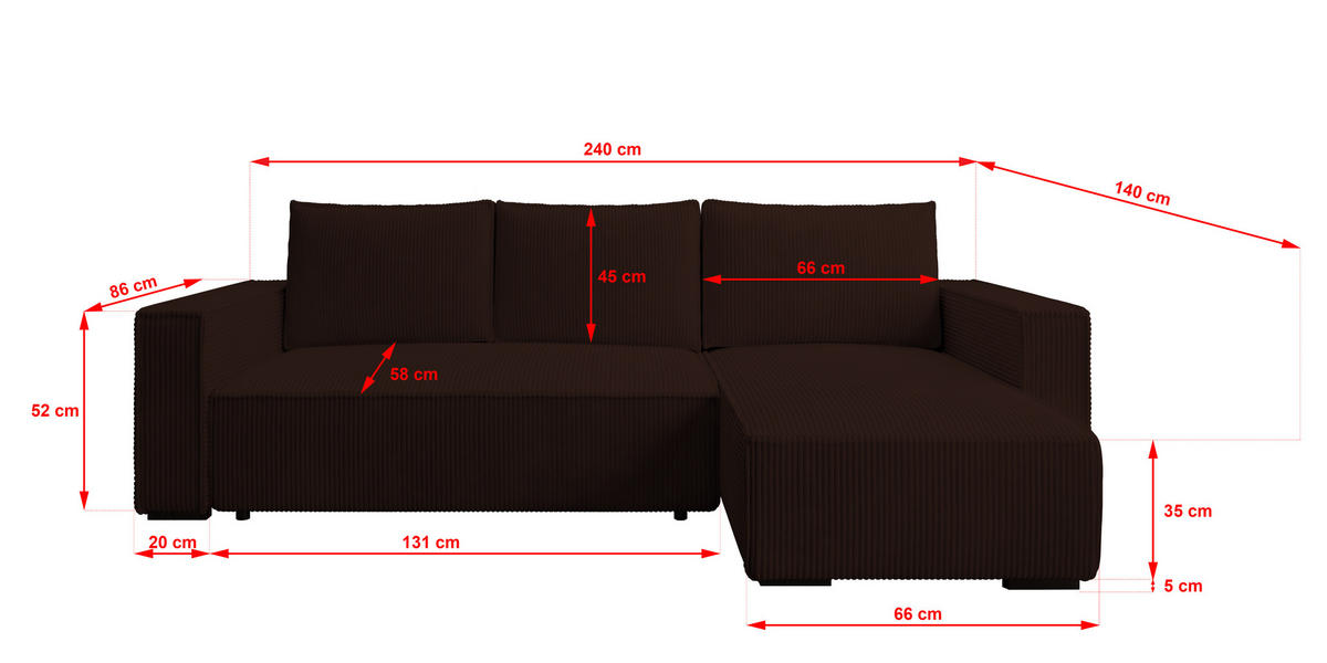 ECKSOFA CUDDY L, Eckcouch in L-Form mit Schlaffunktion und Bettkasten, Farbe: Dunkelbraun, Cordstoff, Ottomane Rechts - Dunkelbraun, Textil (240/140cm) - Storez24