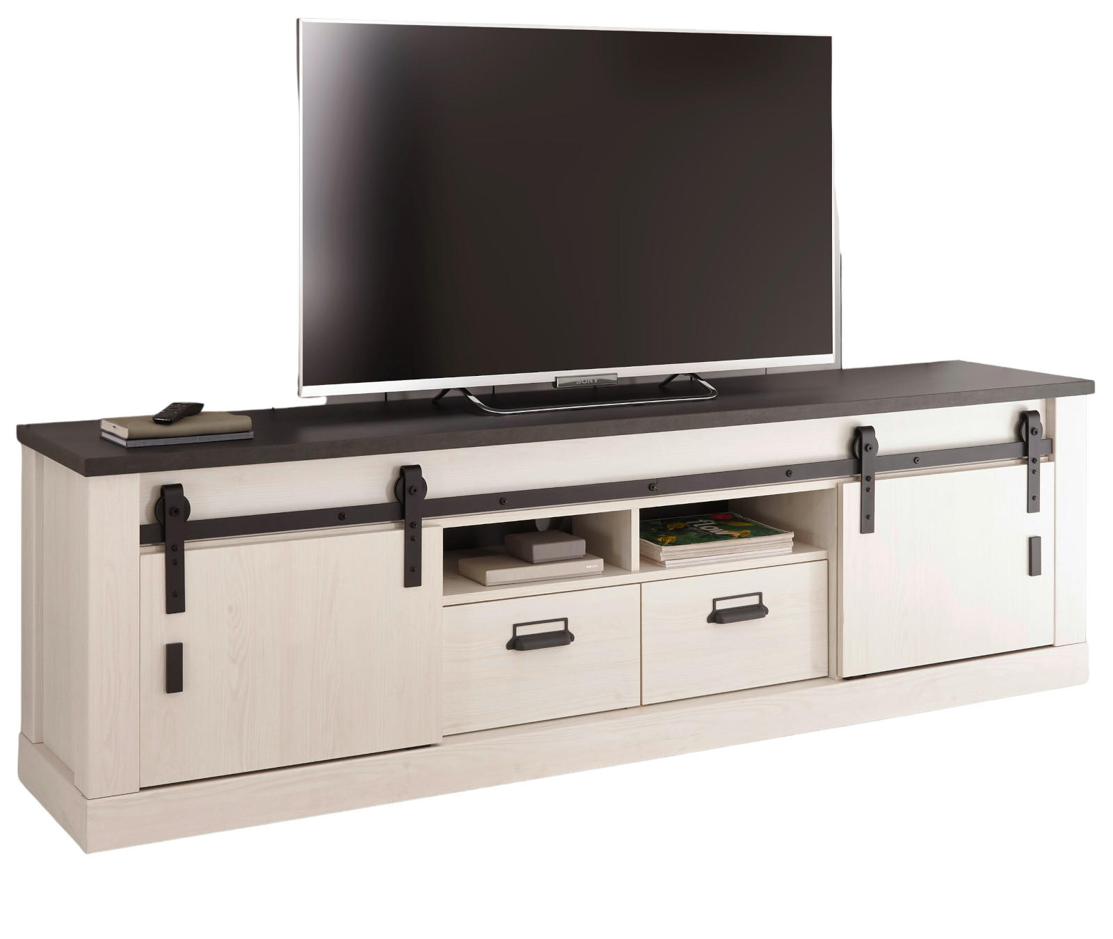 TV-LOWBOARD weiß Pinie, anthrazit, Landhaus, TV Unterteil Komforthöhe 201 x 61 cm - Anthrazit/Weiß, Holzwerkstoff/Metall (201/61/43cm) - Furn.Design