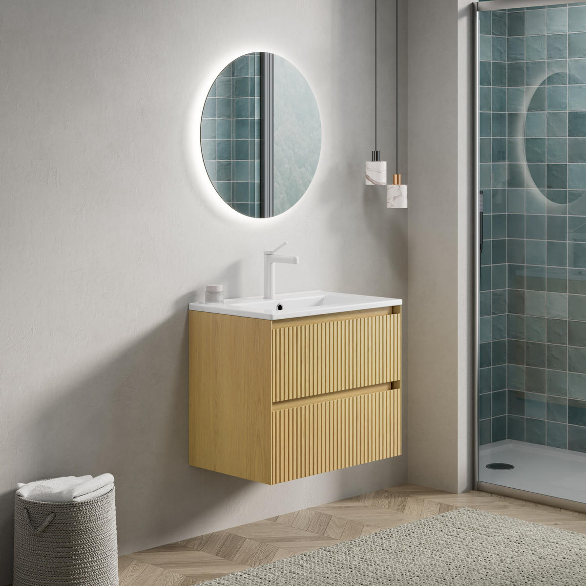 WASCHTISCHKOMBI 61 cm Goldene Eiche/Weiß aus Keramik mit Soft-Close - Eichefarben, Keramik (61/51.5/39cm) - OKMYHOME