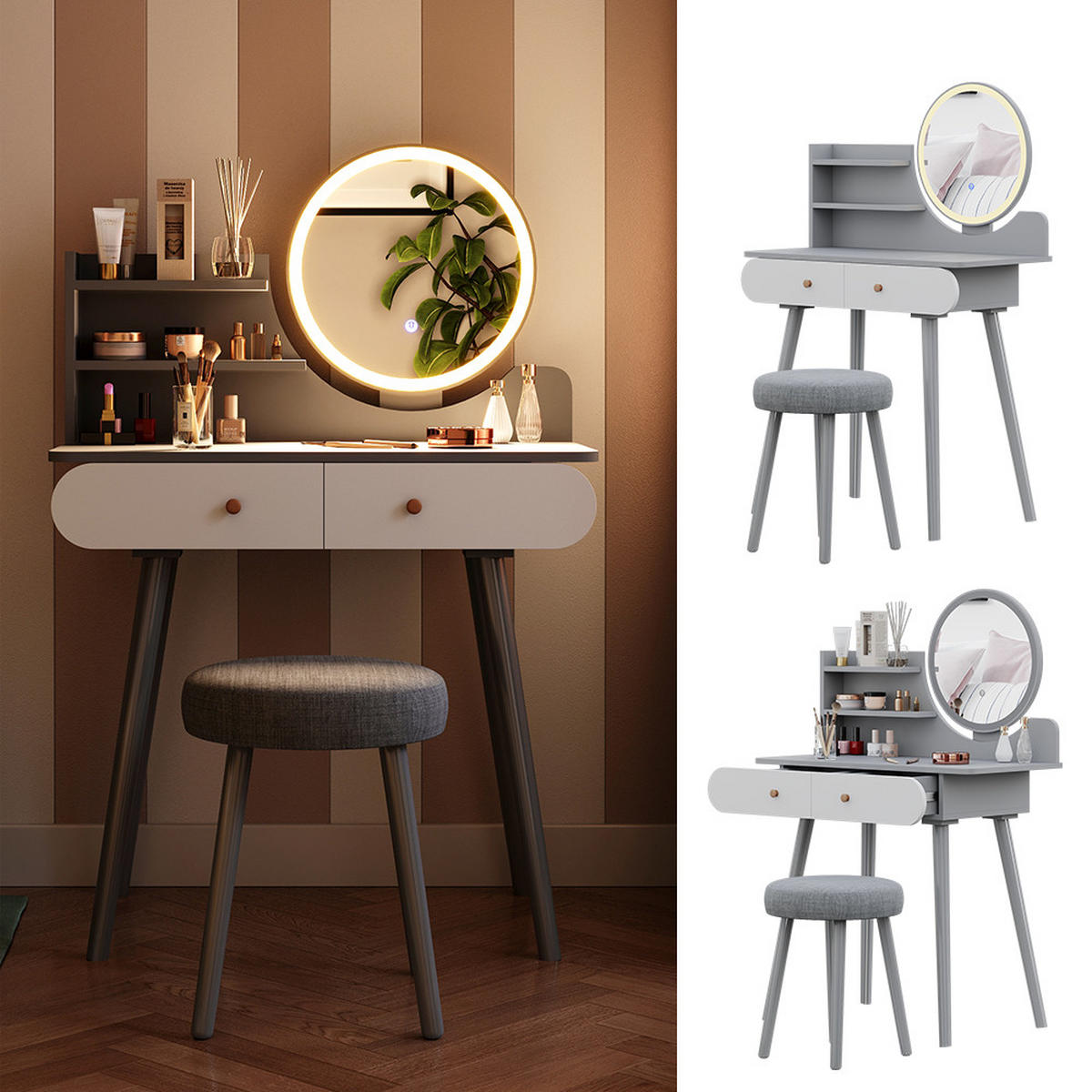 SCHMINKTISCH Edda Grau 80 cm mit LED Beleuchtung und Hocker - Grau, Holzwerkstoff (80/121/40cm) - Vicco