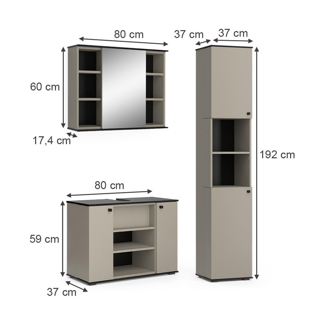 BADMÖBEL-SET Joli Greige 3 Teile, mit Hochschrank - Greige/Schwarz, Holzwerkstoff (80/59/37cm) - Vicco