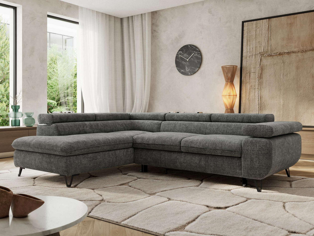 ECKSOFA PABLO L Grau Schenille grob gewebt - Links Seite - Schwarz/Grau, Textil/Metall (208/273cm) - MKS