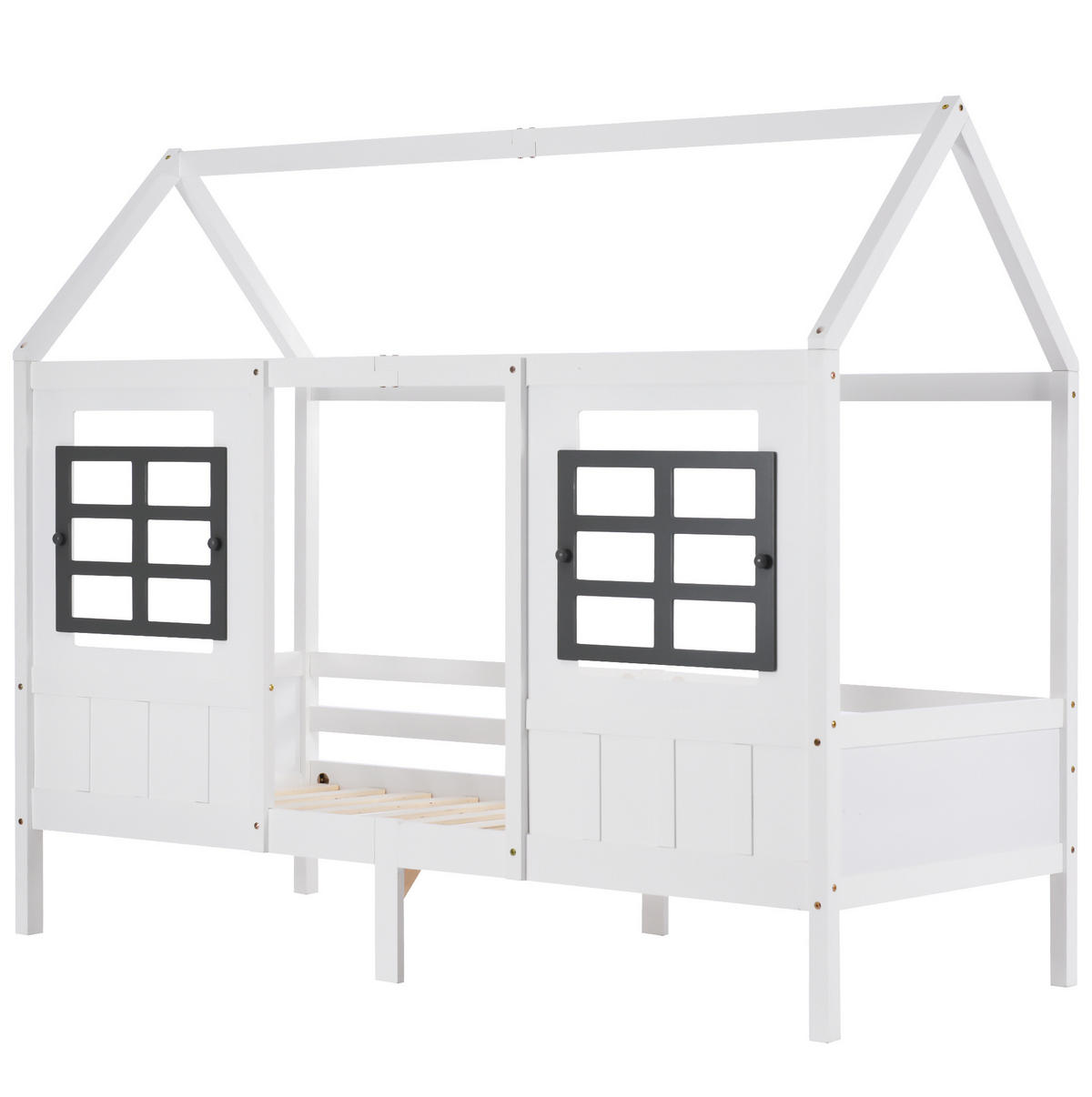 HAUSBETT 90/200 cm mit 2 Schubladen und Doppelfenstern aus Kiefer und MDF, Weiß - Weiß, Holzwerkstoff (90/200cm) - Redom