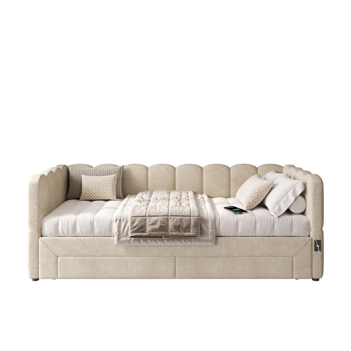 POLSTERBETT 90/190 cm beige aus Chenille mit Ausziehfunktion und USB-Anschluss - Beige, Textil (90/190cm) - OKWISH