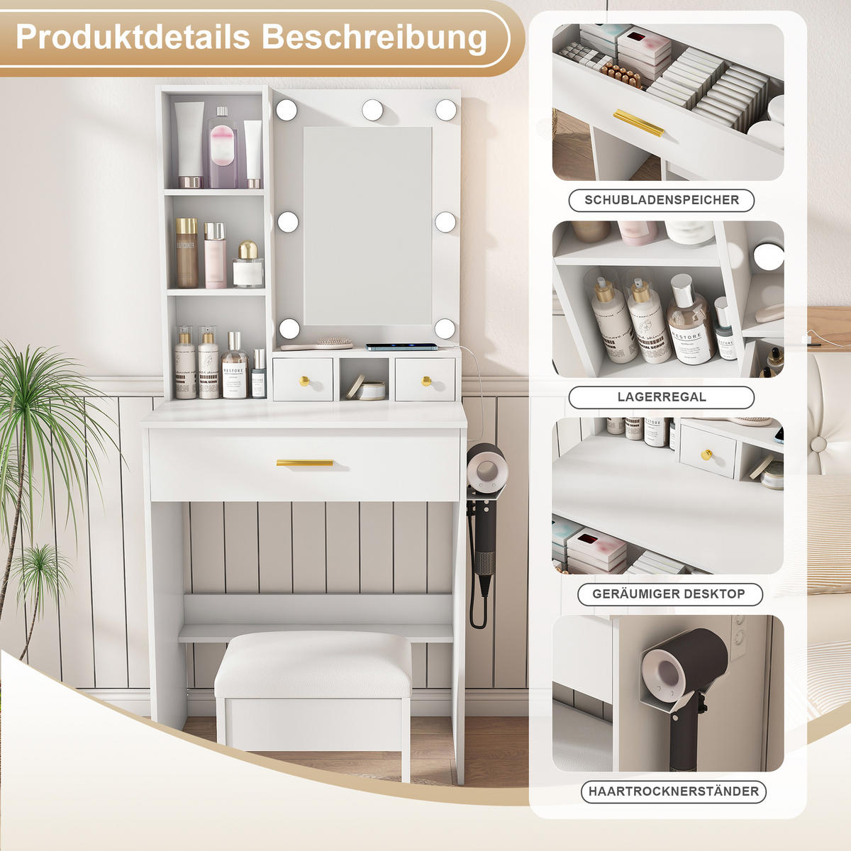 SCHMINKTISCH in Weiß Frisiertisch mit Hocker, Spiegel, LED und Steckdose, für kleine Schlafzimmer, B60/H131.5/T38cm - Weiß, Holzwerkstoff (60/131.5/38cm) - STILVORA