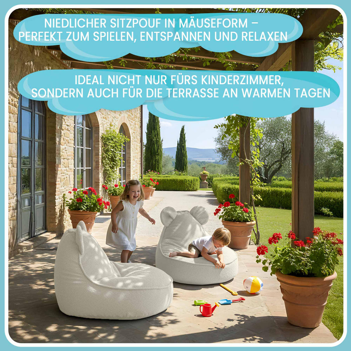 SITZSACK FÜR KINDER Maus 75/75/55 cm, weicher Bouclé 315 g/m², abnehmbarer Bezug, Lamb Cloud - Creme, Textil (75/55/75cm) - Dreamroots