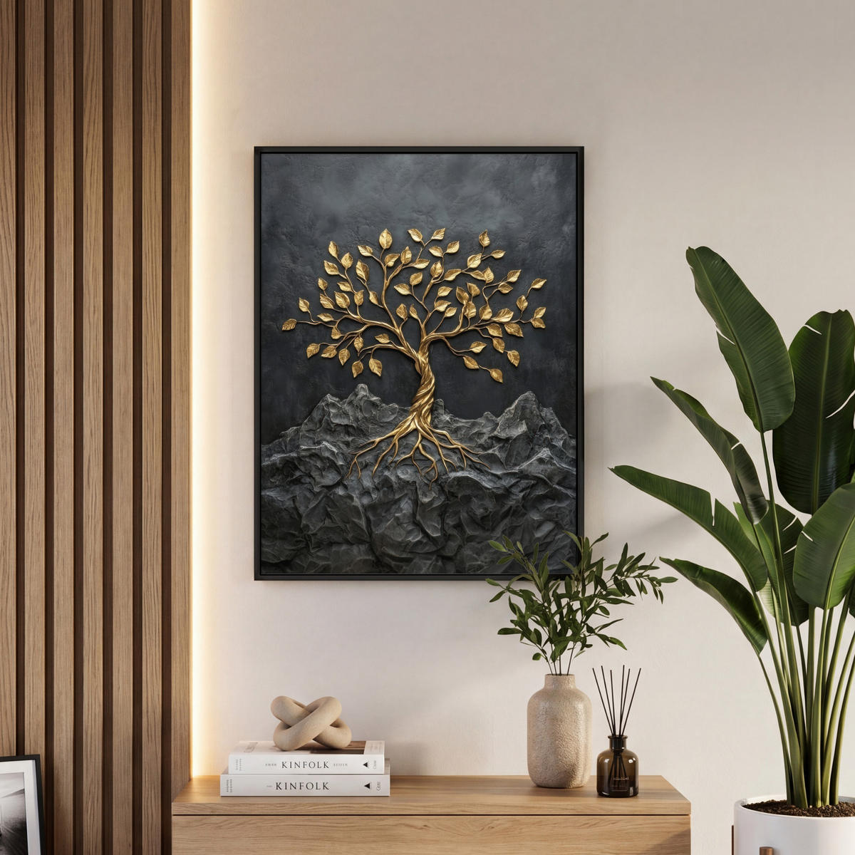 LEINWAND Bilder mit Rahmen - Blätter - Gold - Baum - Fels - 60x80 - Schwarz, Textil (60/80cm) - MuchoWow