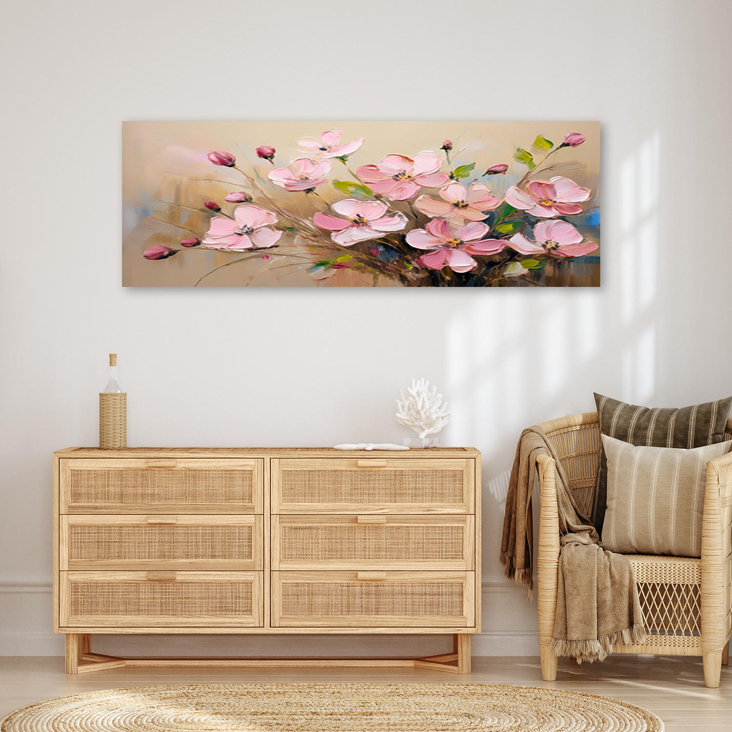 WANDBILD puderrosa blumen bemalte pflanzen - Pink, Textil (90/30cm) - Feeby