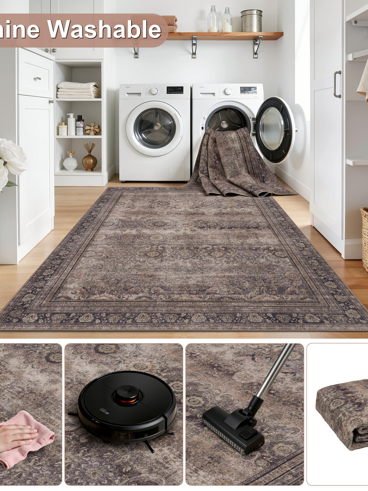 TEPPICH Kurzflor, waschbar, mit floralen Ornamenten, VERNANTE in Braun-Grau, 120 x 170 cm - Braun, Textil (120/170cm) - KADIMA DESIGN