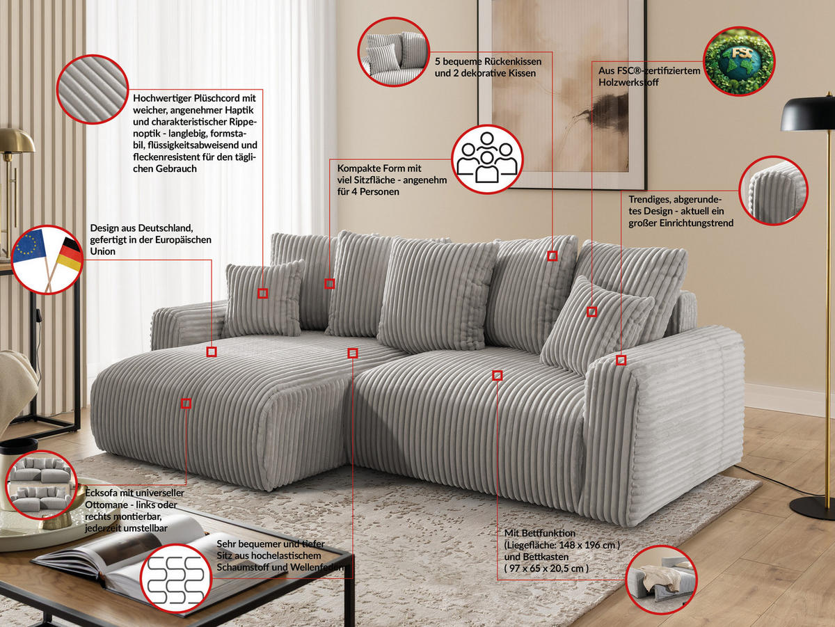 ECKSOFA Calma mit Schlaffunktion und Bettkasten im Bumpy-Design aus weichem Taupe Plüschcord - Ottomane links - Taupe/Schwarz, Holz/Kunststoff (239/140cm) - S-Style