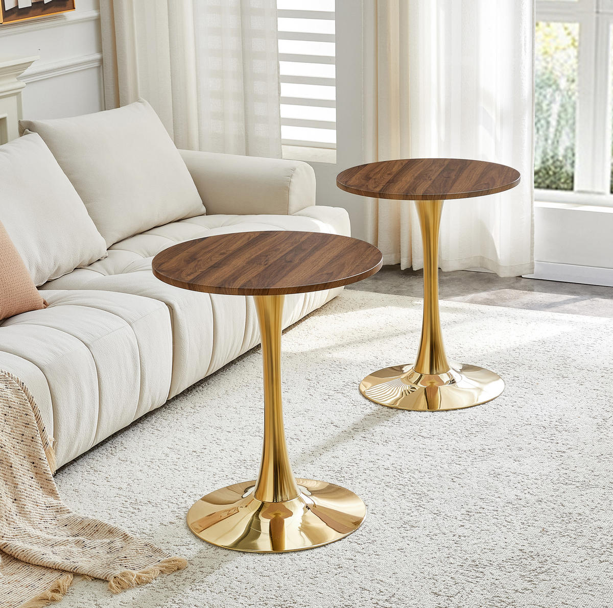 ODKLÁDACÍ stolek 60/60/72 cm ořechová a zlatá z MDF a kovu s kulatou deskou - zlatá, kompozitní dřevo (60/60/72cm) - OKWISH