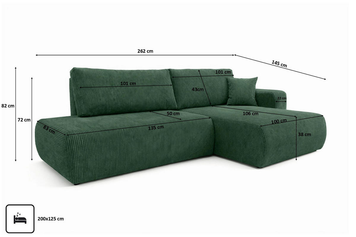 ECKSOFA Mit Schlaffunktion Und Bettkasten, Cordstoff Poso, Grün, Rechts, OPEN XL - Grün, Holz (262/145cm) - Kaiser Möbel