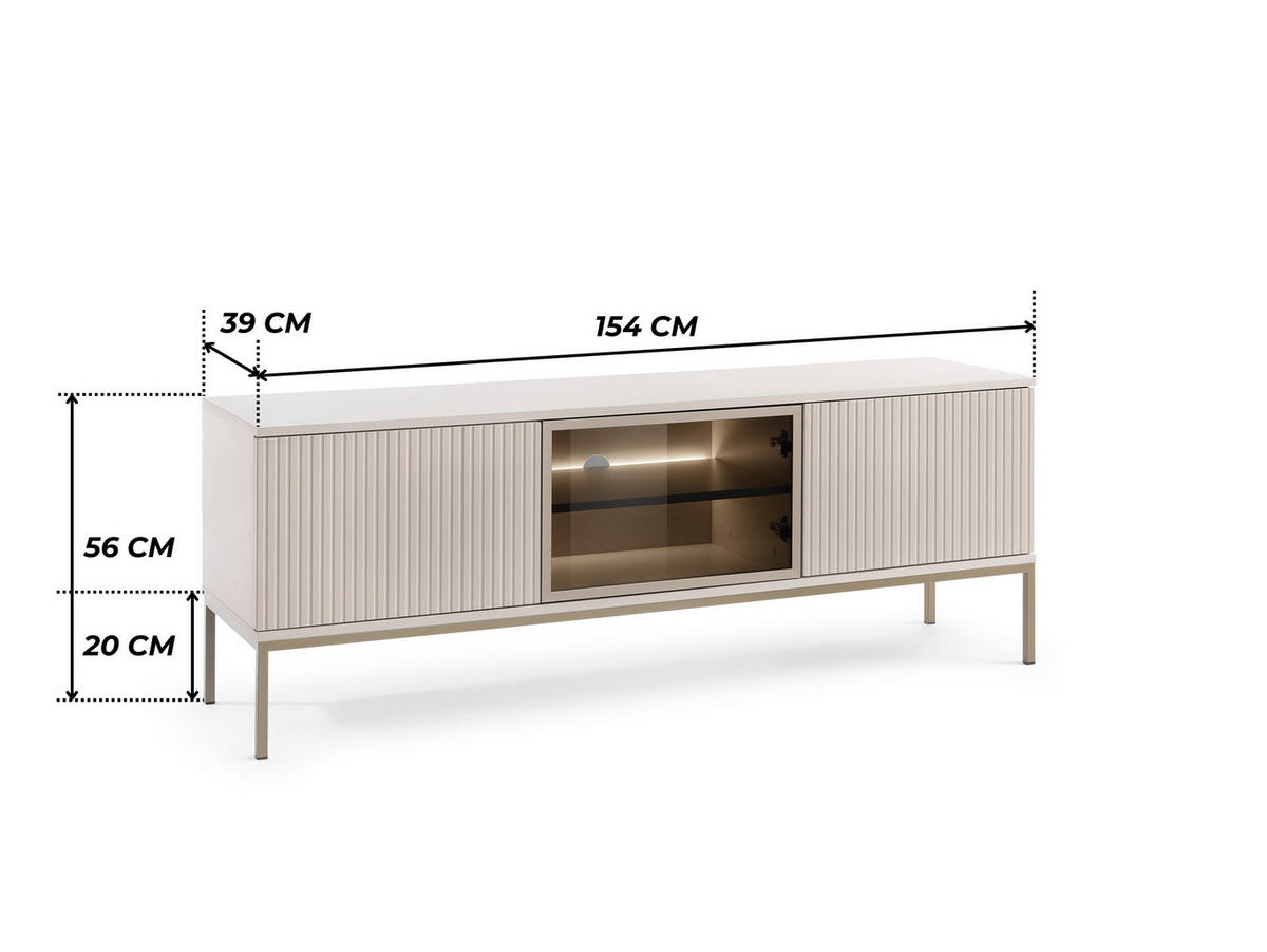 MODERNES Geriffeltes TV-Board LAGOS RTV3D (Kaschmir Matt, LED, Champagner Gestell, Push to Open) - Kaschmir/Champagner, Glas/Holz (154/56/39cm) - Ravio