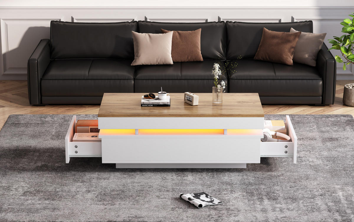 COUCHTISCH aus Spanplatte 100x50x35 cm Weiß/Holzton mit 2 Schubladen und LED-Beleuchtung - Weiß, Holzwerkstoff (100/50/35cm) - IVMEU