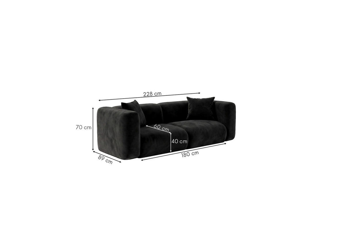 SOFA 2-Sitzer, Velvet-Stoff Bluvel, Schwarz, GRETA - Schwarz, Holz (228/70/89cm) - Kaiser Möbel