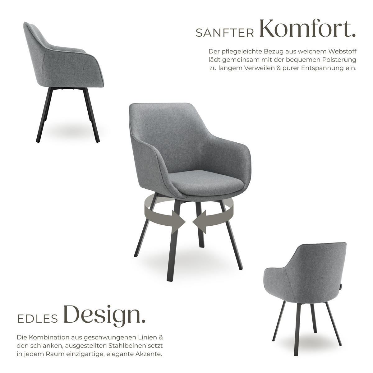 ARMLEHNSTUHL 2er Set drehbar Alicon 0,57 x 59 x 88 cm, anthrazit - Anthrazit, Textil (57/88/59cm) - tectake