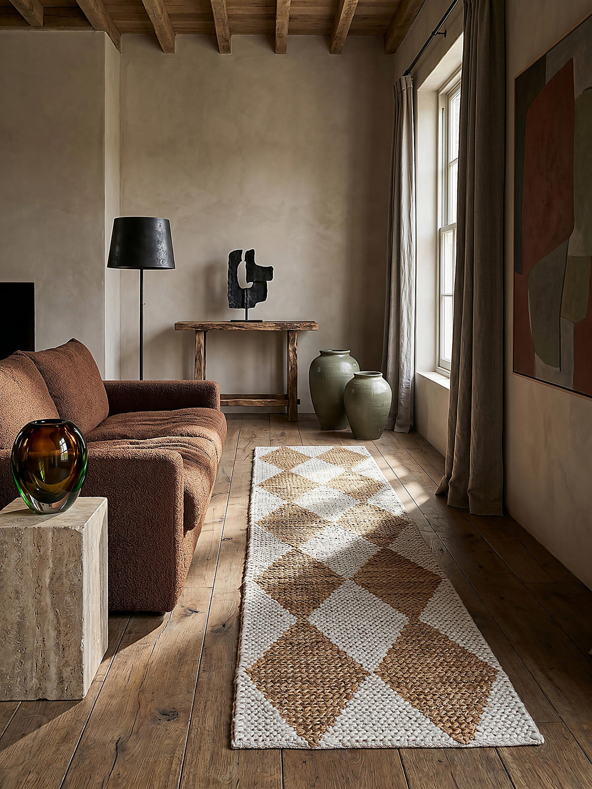 JUTETEPPICH BAIN, mit Rautenmuster, Beige, 60 x 230 cm - Beige, Textil (60/230cm) - KADIMA DESIGN