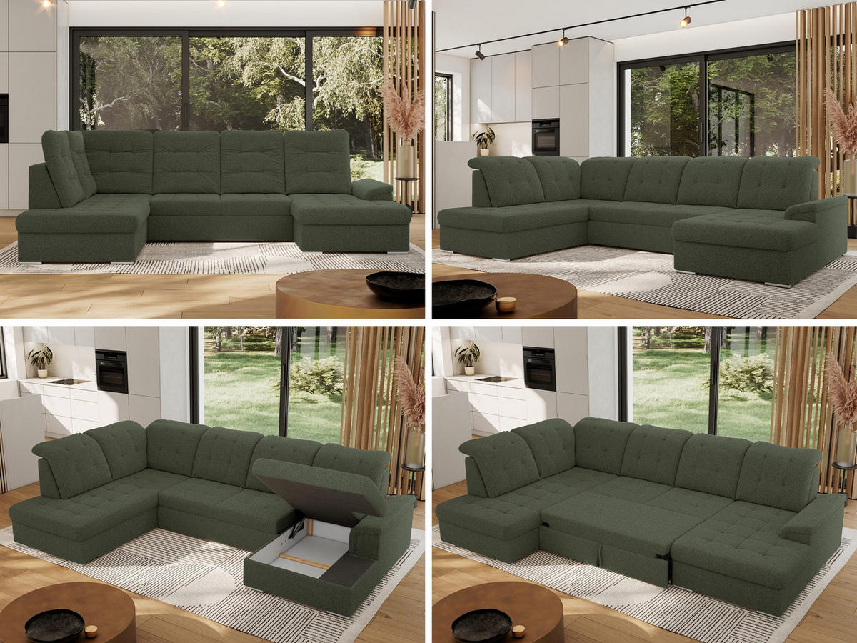 WOHNLANDSCHAFT MADRITO U - Grün Boucle - Links - Silberfarben/Grün, Textil/Metall (204/89/323cm) - MKS