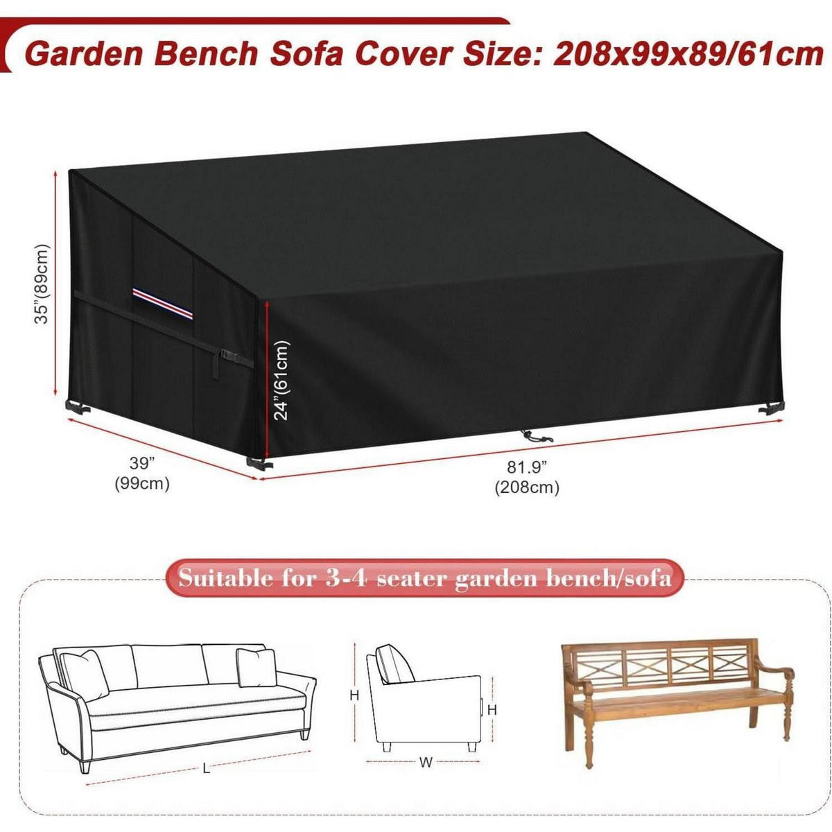 GARTENSOFA Schutzhülle 208x99x89/61cm Wasserdicht Winddicht - Schwarz, Kunststoff (99/89/89cm)