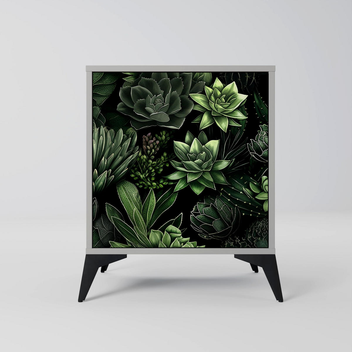 SIDEBOARD SUCCULENT JUNGLE, Grau, 57,5x42x72,5 cm, Schwarze Metallfüße - Multicolor/Schwarz, Holzwerkstoff/Metall (57.5/72.5/42cm) - SpaceRebels