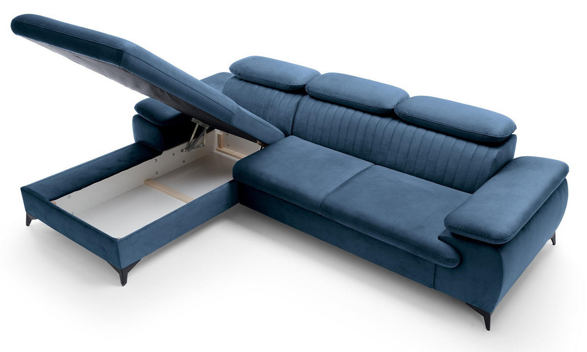 ECKSOFA 280 cm Xanto M, Schlaffunktion, verstellbaren Kopfstützen, Links, Blau - Blau, Holz (280/193cm) - Emporius