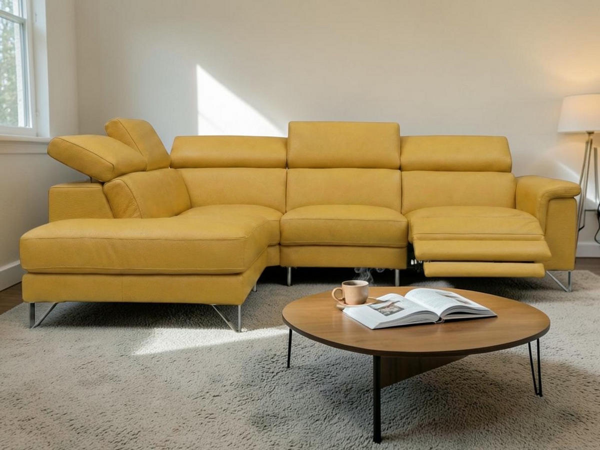 ECKSOFA Antares Echtleder mit 1 x Relaxfunktion Senfgelb - Gelb, Leder/Metall (224/276cm)