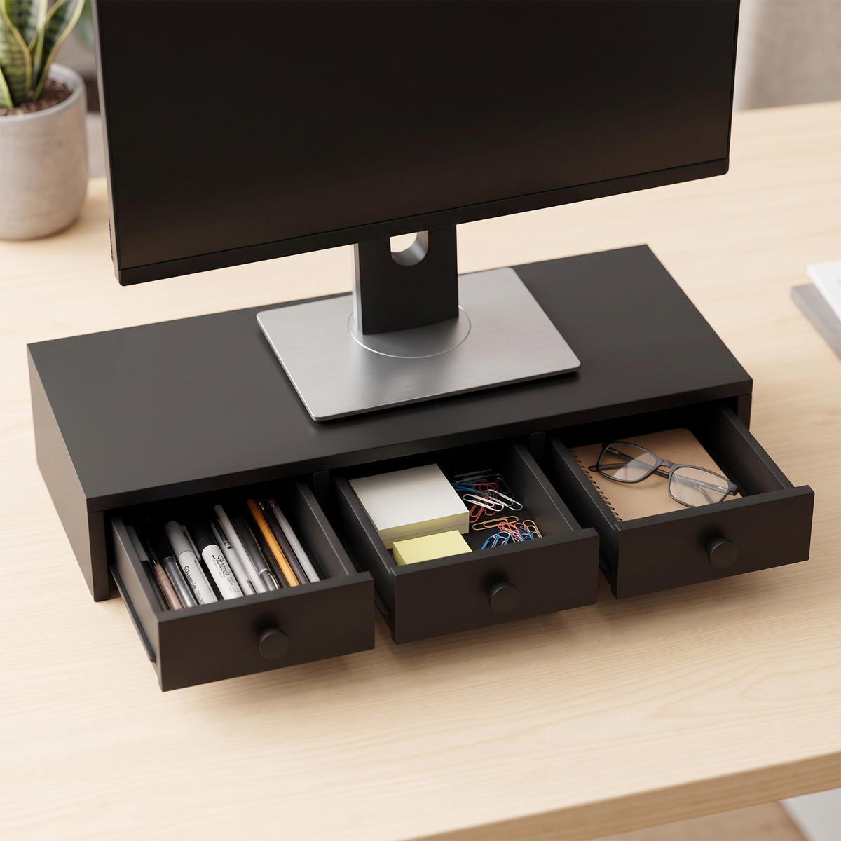 MONITORSTÄNDER Schwarz MDF 3 Schubladen 51x24x12,5 cm - Schwarz, Holzwerkstoff (24/51/12.5cm) - Relaxdays