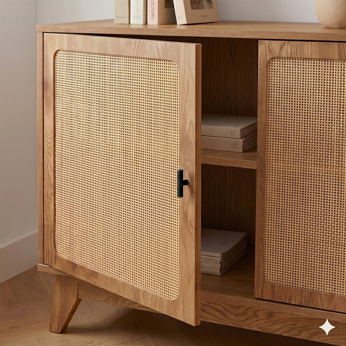 SIDEBOARD 3 Türen mit Naturgeflecht-Front B120 cm - ALIA - Eschefarben, Holzwerkstoff (40/72/46cm) - Calicosy