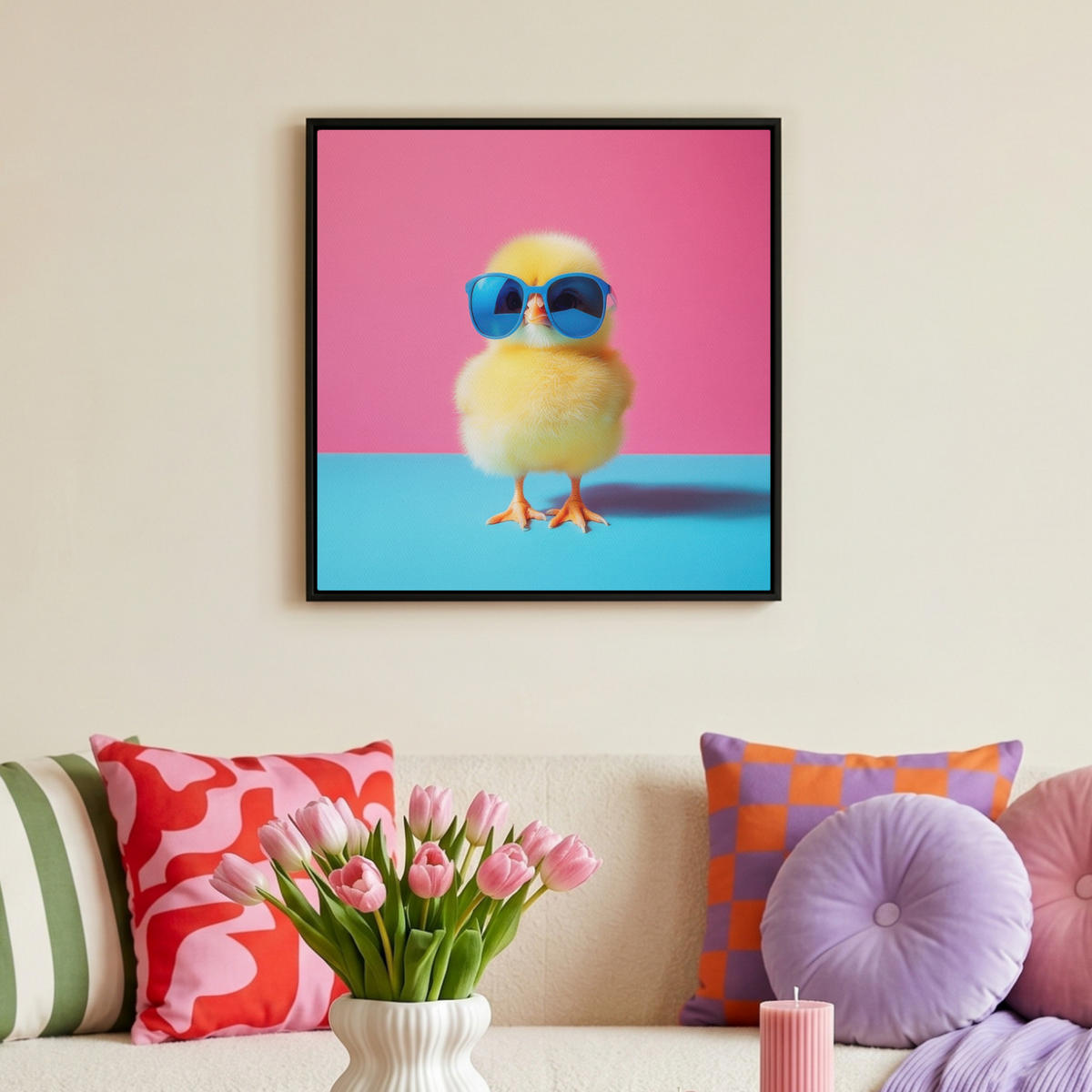 LEINWAND Bilder mit Rahmen - Chick - Sonnenbrille - Blau - 50x50 - Pink, Textil (50/50cm) - MuchoWow