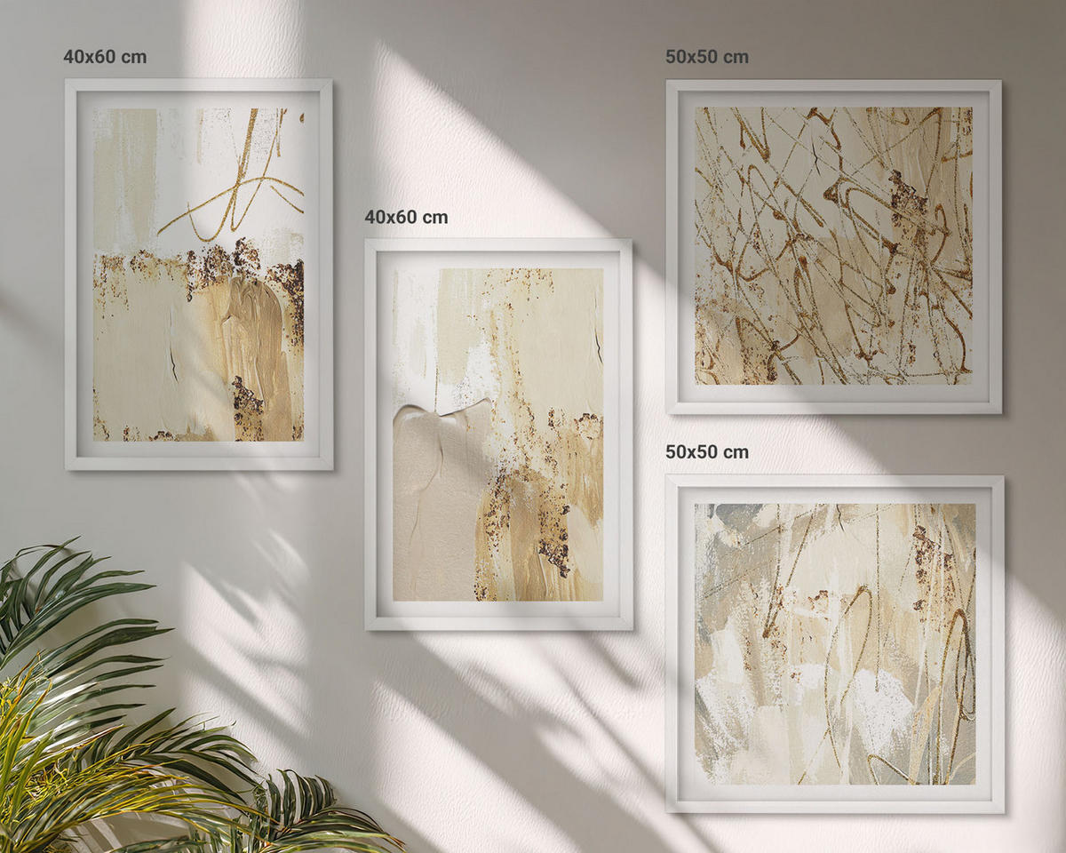 BILDER SET 4er Set - 50x50 cm & 40x60 cm Weißer Rahmen - Abstrakte Muster beige weiß - Weiß, Kunststoff (50/50cm) - TULUP