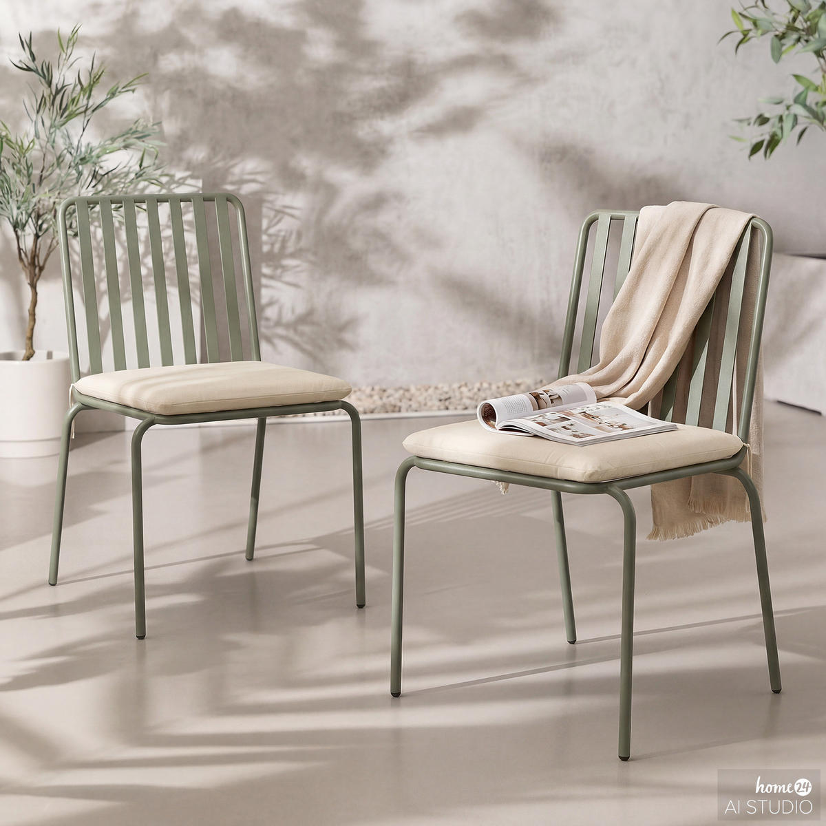 GARTENSTUHL - 2er-Set - Stahl - Salbeigrün, Textil/Metall (54/87/57cm) - home24