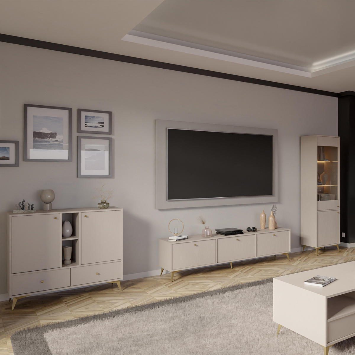 KOMMODE FLOREN, Creme/Gold - Creme, Holzwerkstoff/Metall (100.2/93.5/40.8cm) - KONSIMO®