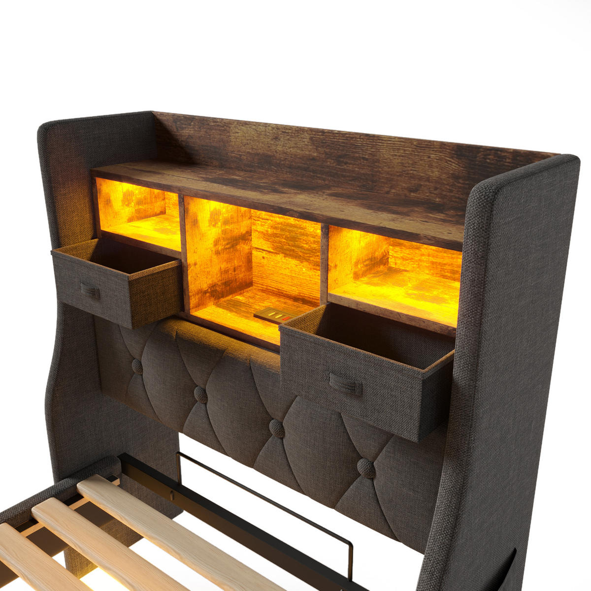 POLSTERBETT aus Leinen 90x200 cm in Grau mit LED & Ladestation - Grau, Textil (90/200cm) - Modfu