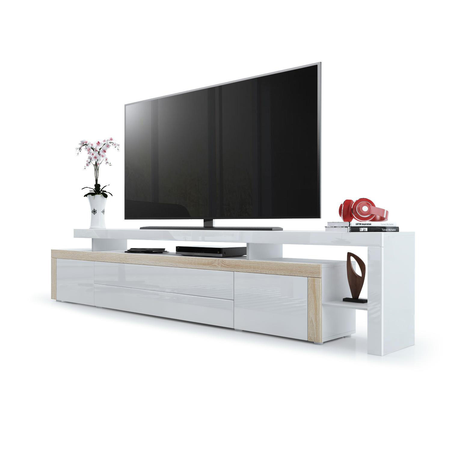 LOWBOARD Leon Weiß Hochglanz / Eiche sägerau - Weiß Hochglanz/Eiche San Remo, Holzwerkstoff (227/52/35cm) - Vladon